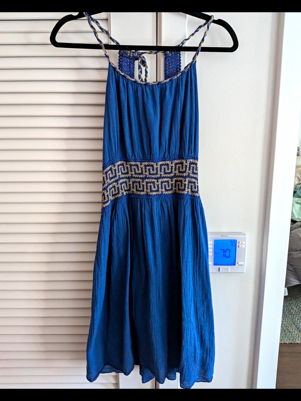 Sleeveless Blue Embroidered-Waist Midi Dress